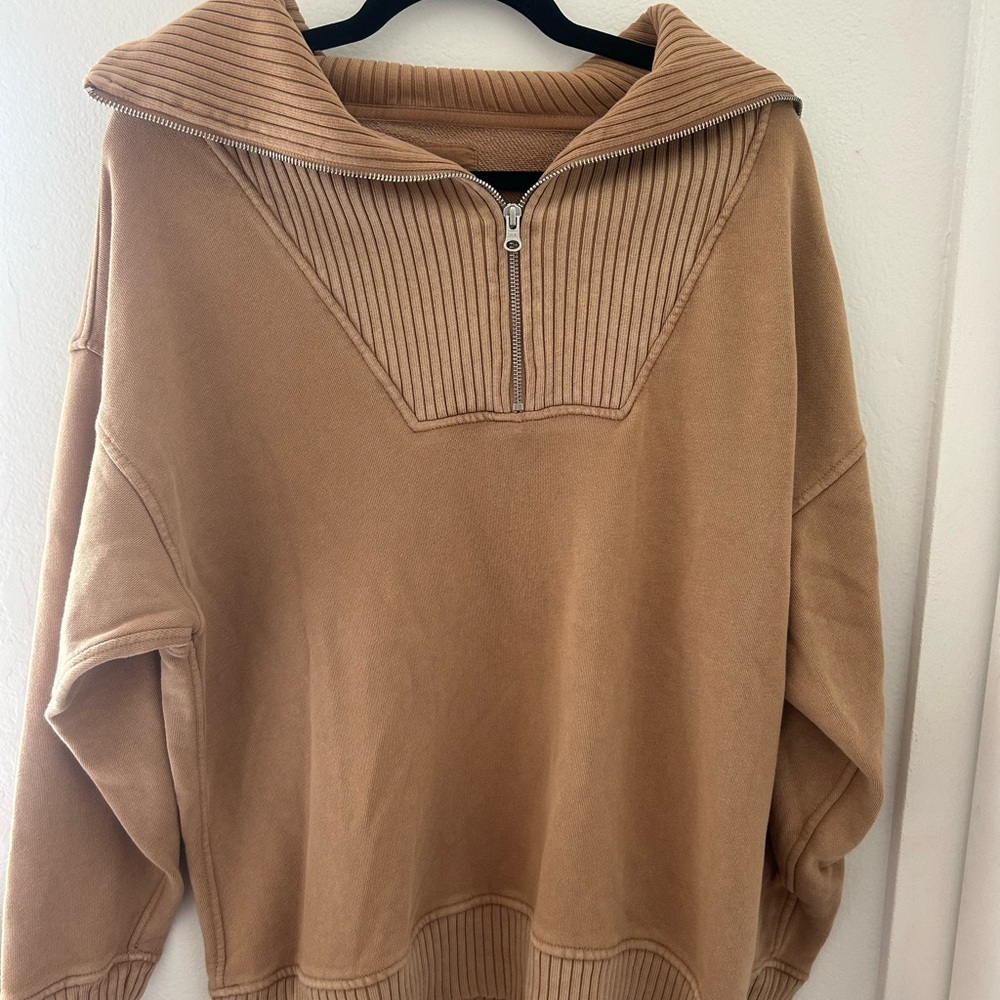 Aerie Oversized Tan Quarter-Zip Pullover Sweater
